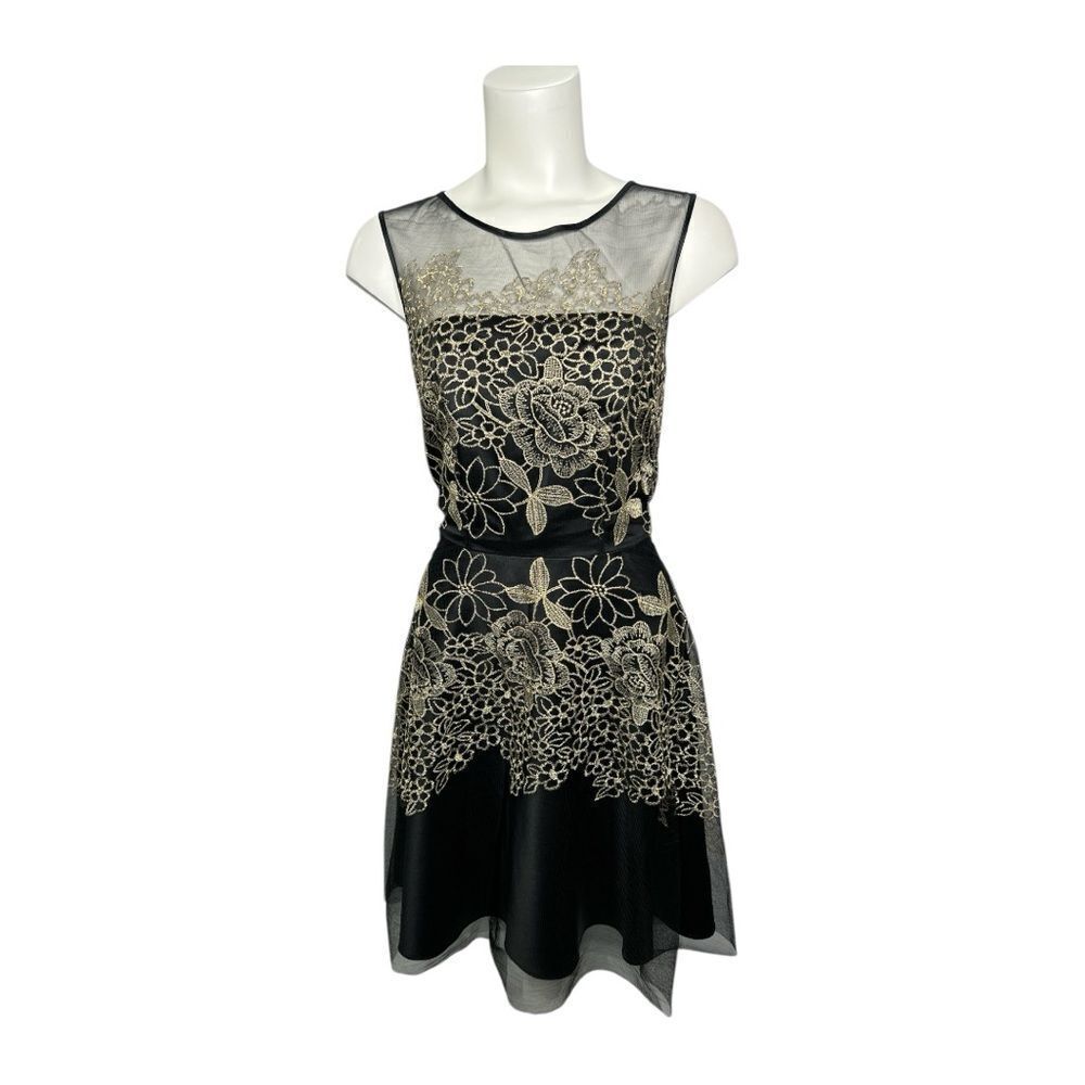 Tahari Black Gold Embroidered Sleeveless Fit &Flare Dress Sz 4